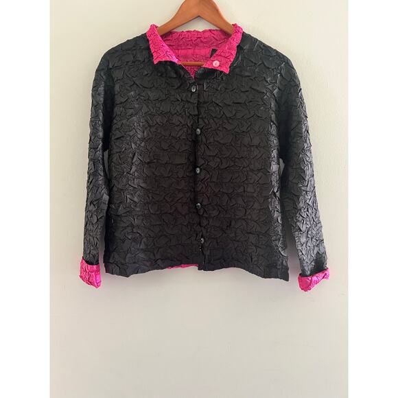 Vintage Jackets & Blazers - Vintage Reversible Crinkle Jacket Button Up Hot Pink Black Size Small JL